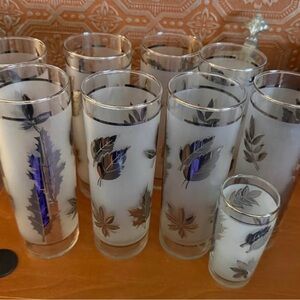 Vintage Frosted Glass Tumblers with Silver Leaf Accent - Blue Design